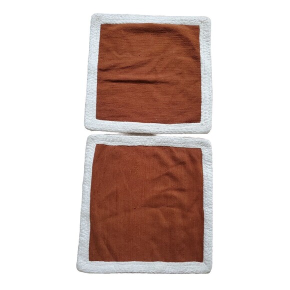 2x West Elm Brown White Trim Square Pillow Shams 20x20 Set Lot Cotton FLAW - Picture 7 of 7